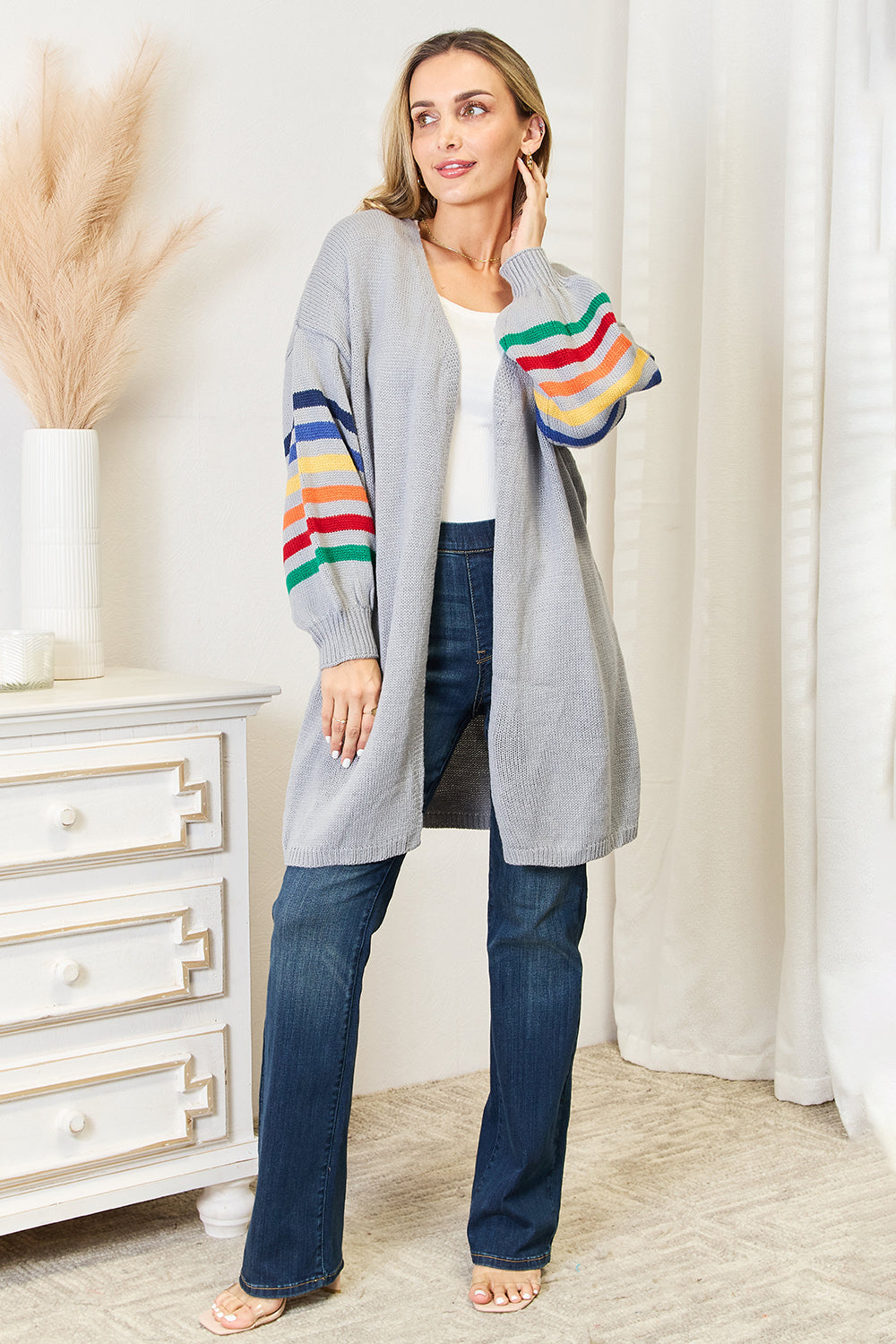 Multicolored Stripe Open Front Longline Cardigan Multicolored Stripe Open Front Longline Cardigan
